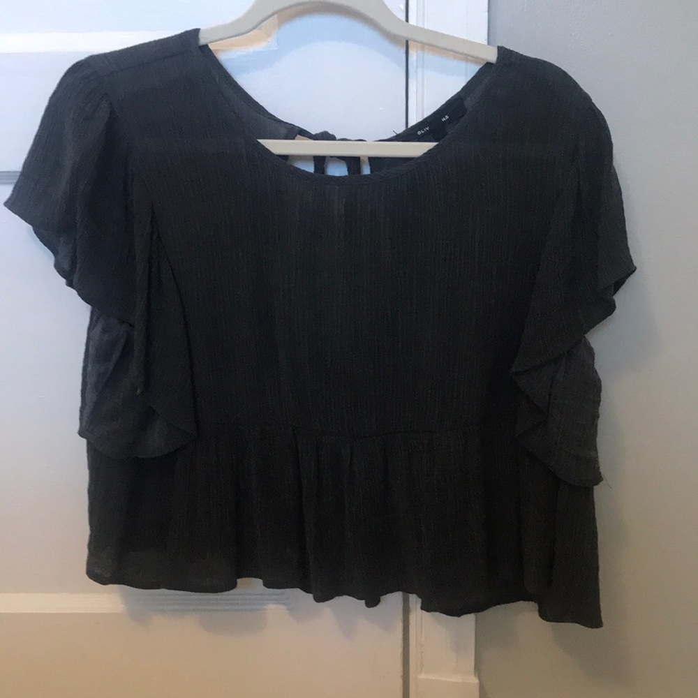 Olivaceous ruffle sleeve charcoal top, ties in back, Size Small